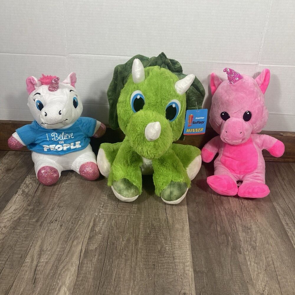 Six Flags Lot/3 Plush Stuffed Animals Unicorns And Dinosaur With Original Tag